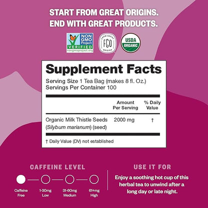 FGO Organic Milk Thistle Tea, 100 Count, Eco-Conscious Herbal Tea Bags, Resealable Bag, Caffeine Free, Packaging May Vary (Pack of 1)