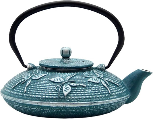 Cast Iron Teapot,SECHUDO Tea Kettle Coated with Enameled Interior for Loose Tea,Cast Iron Teapot with Stainless Steel Infuser for Stovetop Safe (27.1oz Flat Butterfly Pattern)