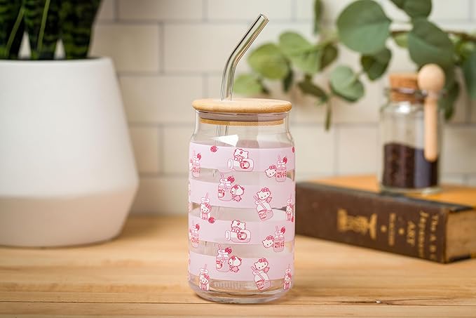 Silver Buffalo Sanrio Hello Kitty Strawberry Milk Pink Glass Jar Tumbler with Bamboo Lid and Glass Straw, 16 Ounces