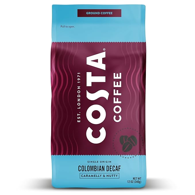 Costa Coffee Ground Coffee, Colombian Decaf Medium Roast, 12oz each, Rainforest Alliance Certified