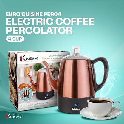 Euro Cuisine PER04 Stainless Steel Electric Coffee Percolator, 4 Cup, Polished Copper Finish, Dripless Gooseneck Spout, Clear Glass Knob, Brewing Indication, Keep-Warm Function, Detachable Cord