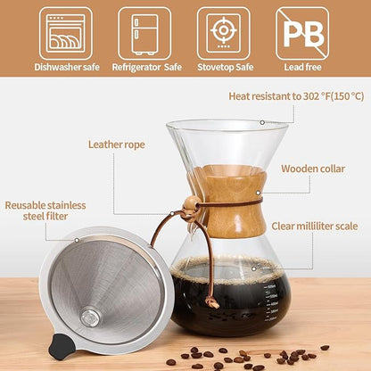 Pour Over Coffee Maker 34 OZ, 10 Cup Borosilicate Glass Drip Coffee Maker with Reusable Stainless Steel Filter and Cork Grip for Home Café 1000 ML