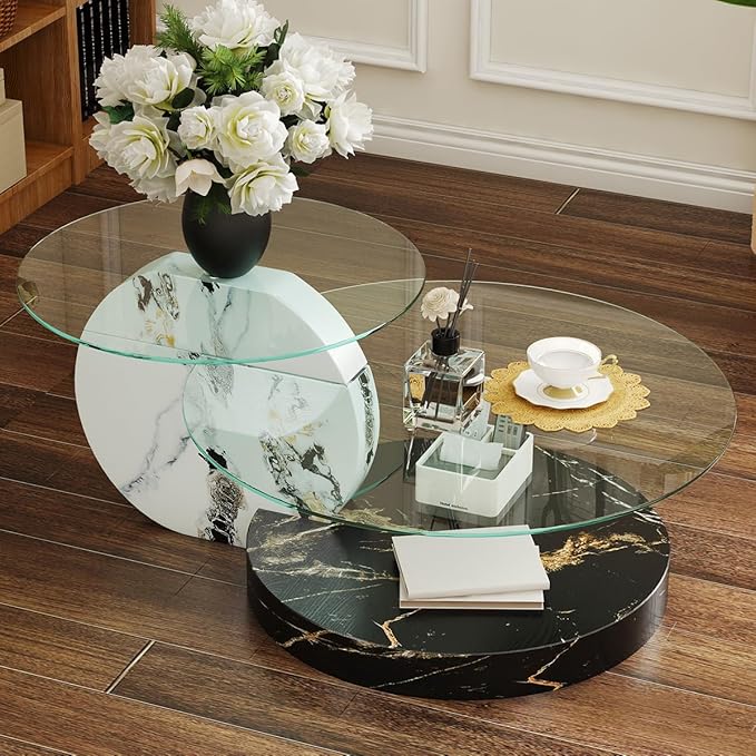 42 Inch Glass Coffee Table，Round Coffee Table with 2-Tier Tempered Glass Tabletop，Easy to Clean Circle Coffee Table with Sturdy Base for Living Room，Office (White & Black Marble Colored Base)