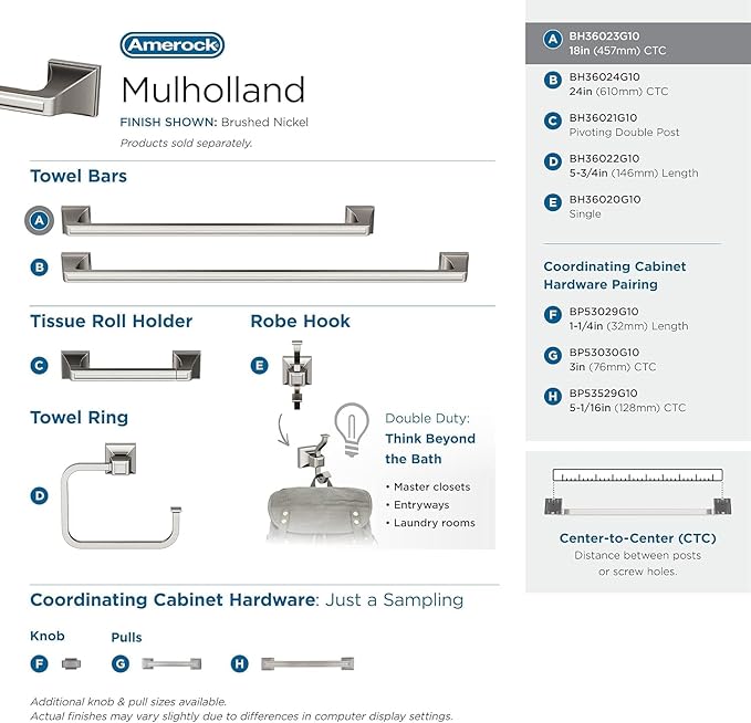 Amerock BH36023G10 | Brushed Nickel Towel Bar | 18 in (457 mm) Towel Rack | Mulholland | Bathroom Towel Holder | Bathroom Hardware | Bath Accessories