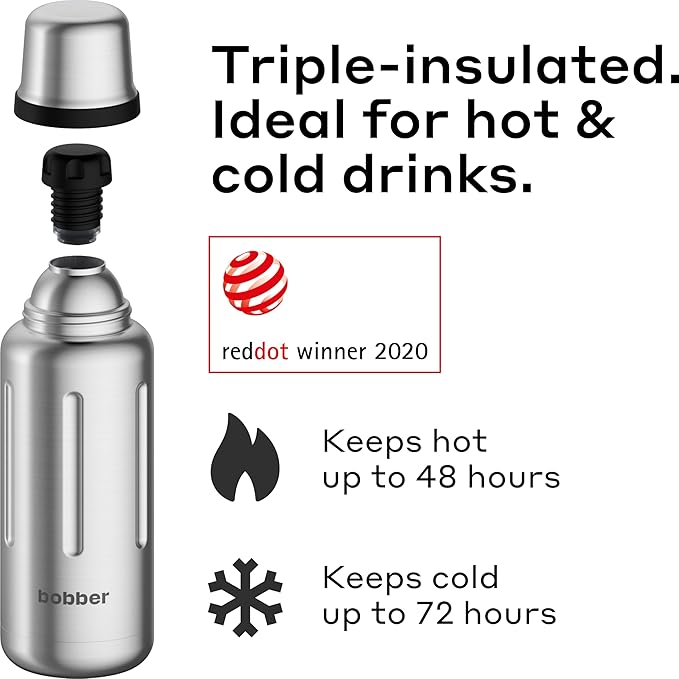 Bobber - 34 oz Vacuum Insulated Stainless Steel Water Bottle with Cup Lid - Dishwasher Safe - Keeps Drinks Hot for 48 Hours and Cold for 72 Hours - Double Walled Thermo Flask (Matte)