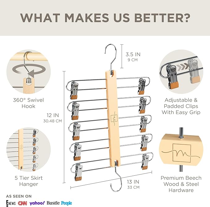 MORALVE Skirt Hangers Space Saving with Clips - 2 Pack - European Beechwood 5-Tier Hanger for Shorts, Skirts, and Pants - Closet Organizer and Storage Solution for Women with 360° Swivel Hook