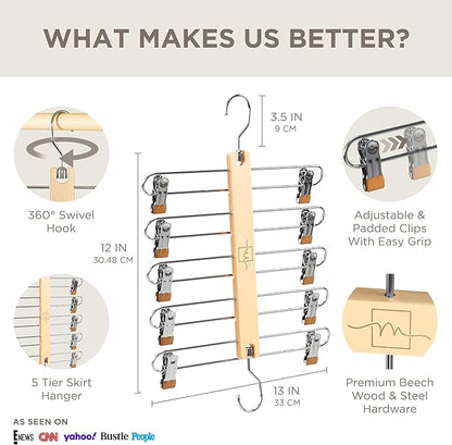 MORALVE Skirt Hangers Space Saving with Clips - 2 Pack - European Beechwood 5-Tier Hanger for Shorts, Skirts, and Pants - Closet Organizer and Storage Solution for Women with 360° Swivel Hook