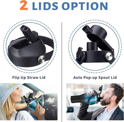 40 oz Insulated Water Bottle with Straw fit in Car Cup Holder - Metal Water Bottle with Straw, Auto Spout Lid, Thermal Water Tumbler Cup with Lid, Storage Carrier Bag, Silicone Boot