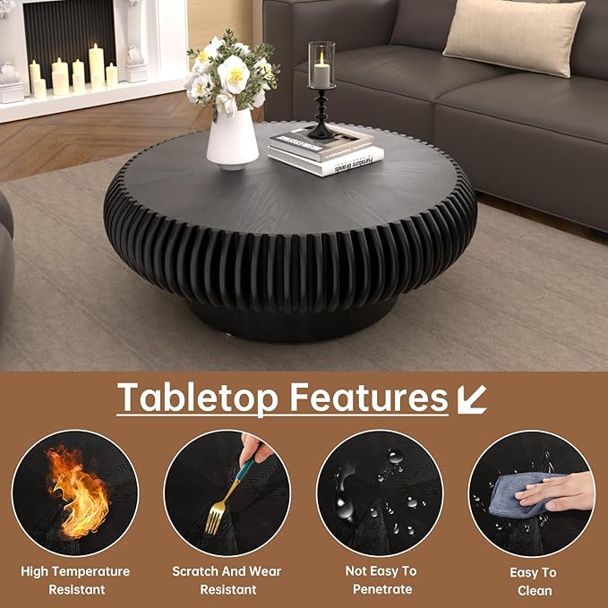Round Coffee Table 31.4" Modern Black Fluted Coffee Table Low Round Drum Pedestal Coffee Tables for Living Room Farmhouse (Black 31.4in)
