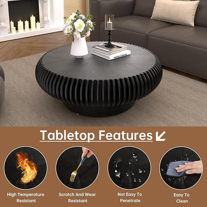 Round Coffee Table 31.4" Modern Black Fluted Coffee Table Low Round Drum Pedestal Coffee Tables for Living Room Farmhouse (Black 31.4in)