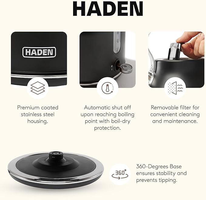 HADEN Heritage 1.7 Liter Stainless Steel Electric Kettle, Hot Water Kettle with 360-Degree Base and Auto Shutoff, Black & Chrome