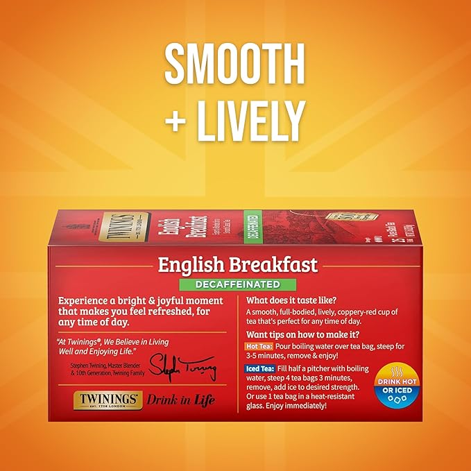 Twinings Decaffeinated English Breakfast Black Tea Individually Wrapped Bags, 25 Count (Pack of 6), Flavourful, Robust, Enjoy Hot or Iced, 150 Teabags