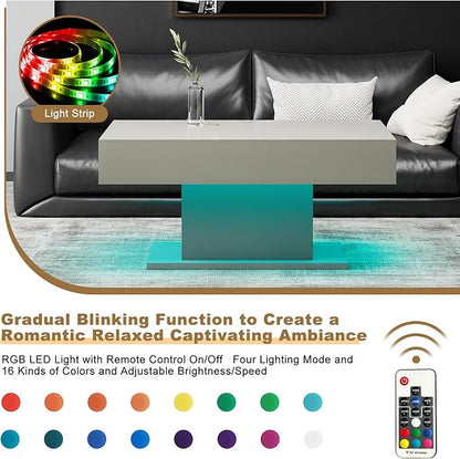 Led Coffee Table for Living Room, Living Room Table Rectangular Center Table, Modern High Glossy Wooden Coffee Tables with 16 Colors LED Lights for Dining Reception Room, Grey