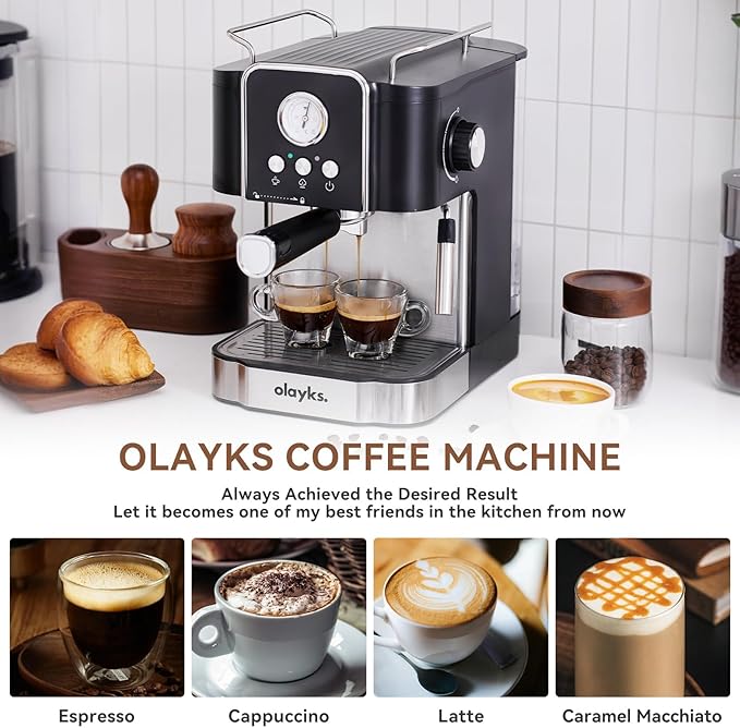 Professional 20-Bar Espresso Coffee Maker, Semi-Automatic with Steam Wand Milk Frother, All-in-One Machine with 1.8L Removable Tank for Latte Cappuccino, Easy Clean