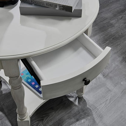 Solid Wood Oval End Table with Drawer and Storage Shelf, 28" Traditional Retro Side Table Polished Edging Sofa Table Bedside Nightstand for Living Room Bedroom Home, Antique White