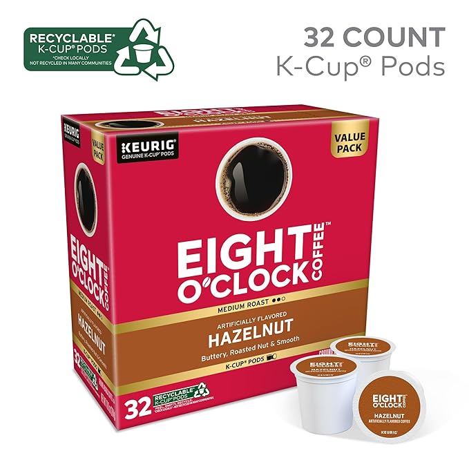 Eight O'Clock Coffee Hazelnut Single-Serve Keurig K-Cup Pods, Medium Roast Coffee Pods, 32 Count
