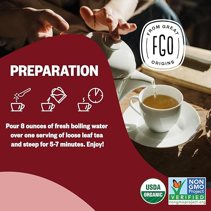 FGO Organic Red Raspberry Loose Leaf Herbal Tea, Cut and Sifted, Caffeine Free, Resealable Bag, 4oz (Pack of 1)