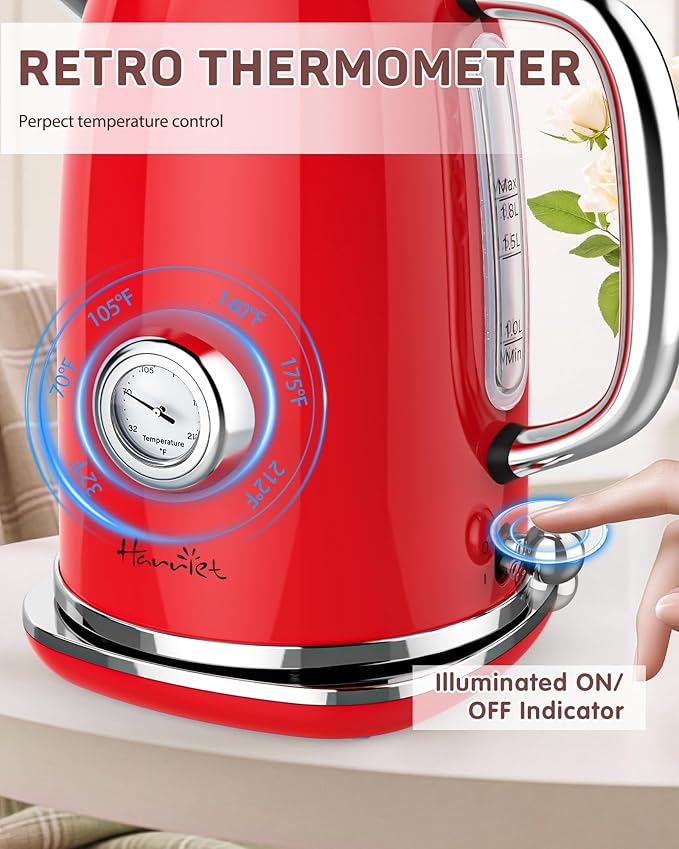 Harriet Electric Kettle, 1.8L Retro Electric Tea Kettle with Thermometer, 1500W Stainless Steel Hot Water Kettle Electric with LED Indicator, Fast Boiling, Cordless, Auto Shut-Off, Red