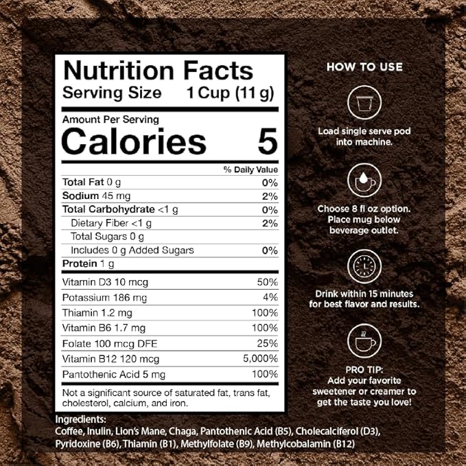 VitaCup Focus Mushroom Coffee Pods, Boost Focus & Immunity w/Lions Mane, Chaga, B Vitamins, D3 for Memory & Clarity, Medium Roast, Recyclable Single Serve Pod Compatible w/Keurig K-Cup Brewers,32 Ct