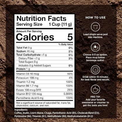 VitaCup Focus Mushroom Coffee Pods, Boost Focus & Immunity w/Lions Mane, Chaga, B Vitamins, D3 for Memory & Clarity, Medium Roast, Recyclable Single Serve Pod Compatible w/Keurig K-Cup Brewers,32 Ct