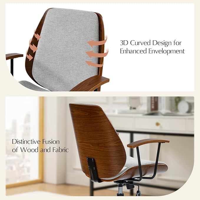 HULALA HOME Solid Wood Office Chair with Rocking Function, Comfy Fabric Desk Chair with Bent Wood and Metal Base, Height Adjustable Swivel Computer Task Chair, Grey