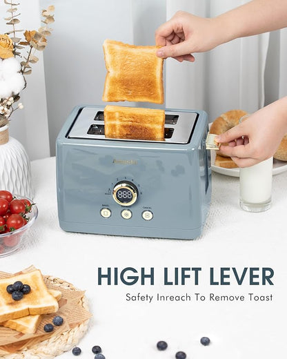 2 Slice Toaster, Retro Bread Toaster with LED Digital Countdown Timer, Extra Wide Slots Toasters with 6 Bread Shade Settings, Bagel, Defrost Function, High Lift Lever, Removal Crumb Tray, Ash Blue