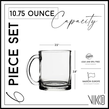 Vikko Glass Coffee Mug Set of 6, 10.75 Ounce Clear Mugs, Microwave and Dishwasher Safe