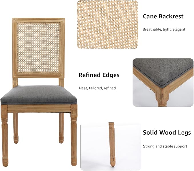 French Country Dining Chairs Set of 2, Grey Modern Kitchen & Dining Room Chairs, Rattan Dining Chair with Linen Upholstered Cushion, High Cane Back, Wood Legs, Sillas de Comedor (Gray, 2 Pcs)