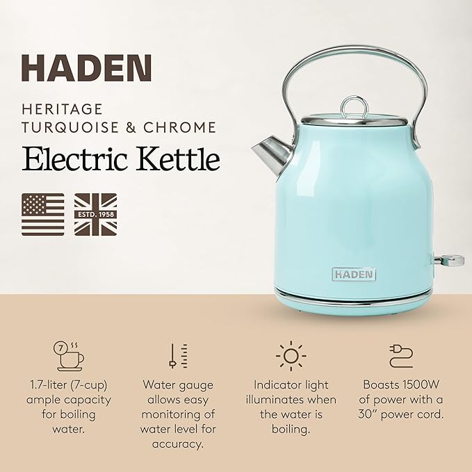 Haden Heritage 1.7 Liter Stainless Steel Electric Kettle, Hot Water Kettle with 360-Degree Base and Auto Shutoff, Turquoise & Chrome