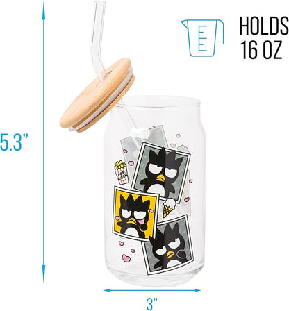 Silver Buffalo Sanrio Hello Kitty and Friends Badtz-Maru Polaroids Glass Jar Tumbler with Bamboo Lid and Glass Straw, 16 Ounces