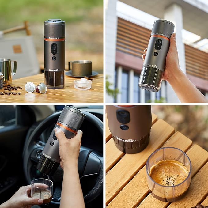 CONQUECO Portable Espresso Coffee Machine: 12V Electric Small Travel Expresso Maker - Self Heating 8 Cups Battery Powered Compatible for Nespresso Capsule - for Camping RV Hiking Office (Brown)