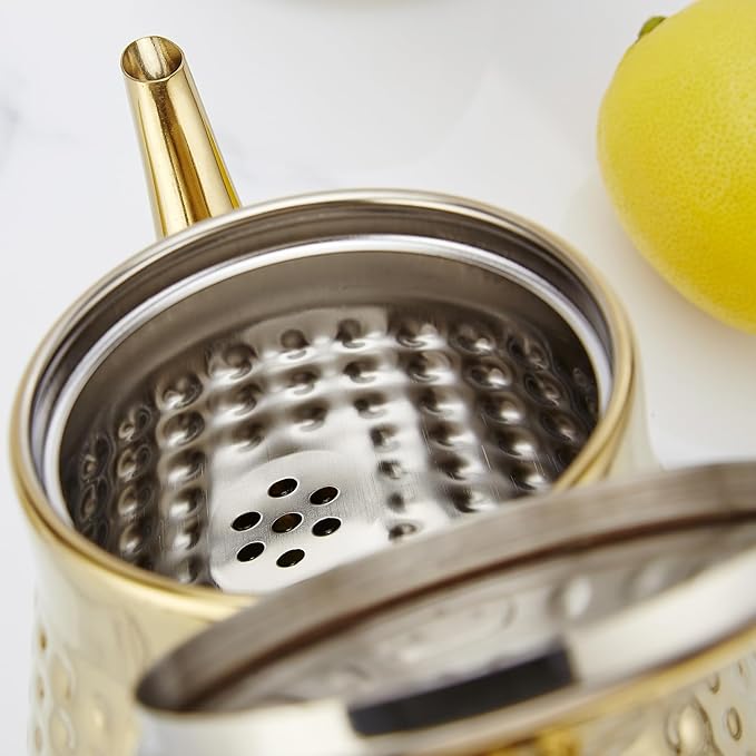 SANQIAHOME 1.2L(40oz) Stainless Steel Hammer Patterned Teapot With Removeable Infuser,Loose leaf cover,Gold