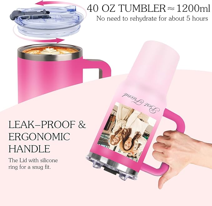 Personalized 40 oz Tumbler with Handle and Straw, Custom Tumbler with Picture, Logo, Text, Stainless Steel Travel Coffee Mug Cup, Personalized Gifts For Women Men Birthday Anniversary Christmas Gifts