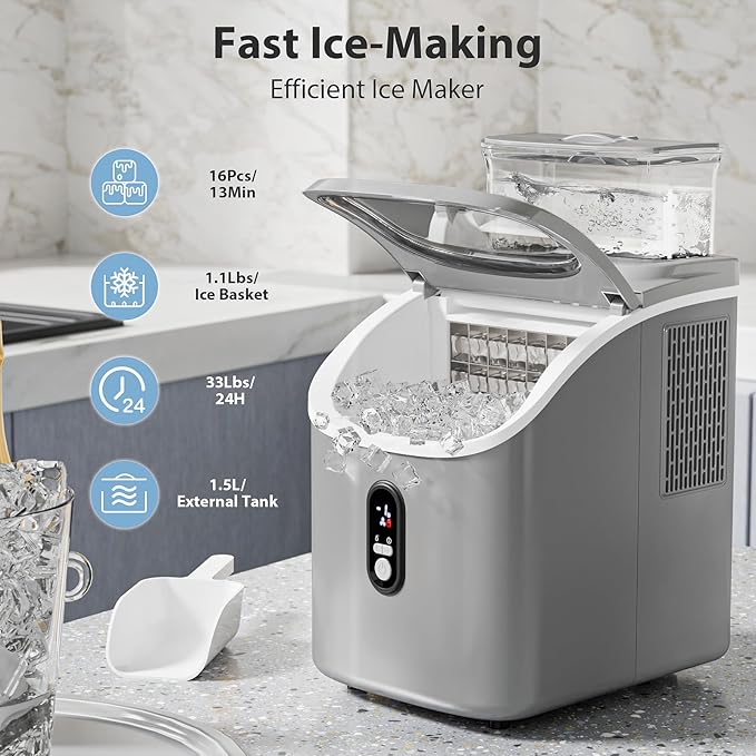 Countertop Ice Cube Maker Machine with External Water Tank,16Pcs/5Mins,34Lbs/Day,2 Ways to Add Water,Portable Compact Small Ice Maker with Self-Cleaning,Perfect for Home/Kitchen/Camping/RV