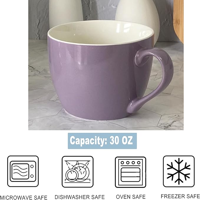 MECOWON 30 OZ Porcelain Coffee Mugs, Set of 2 Large Mugs for Soup, Cereal and Salad (Purple)