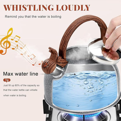 GGC 2.7QT/3L Whistling Tea Kettles for Stove Top, Stainless Steel Tea Kettle with for Boiling Water Milik or Coffee, Starry Gray Tea Pots with Wooden Anti Heat Handle
