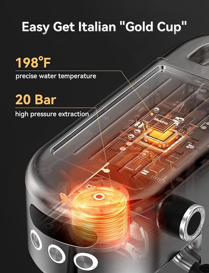 Neretva Espresso Machine 20 Bar, Super Compact Espresso Maker Stainless Steel Professional Coffee Machine Espresso with Power Steam & LED Display for Home Barista Latte and Cappuccino Maker