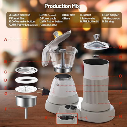 Electric Espresso Machine with Milk Frother 2 in 1 Efficient Moka Pot Coffee Maker with Milkfroth Aluminum One-Touch Operation for Effortless Cappuccinos Lattes Macchiatos White