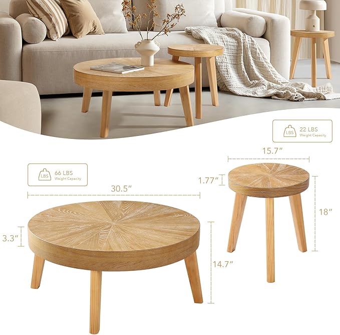 Farmhouse Round Coffee Table Set of 3, Boho Sofa Side Nesting Tables End Table Set with Wood Natural Finish for Living Room, Bedroom, Home Office,Natural