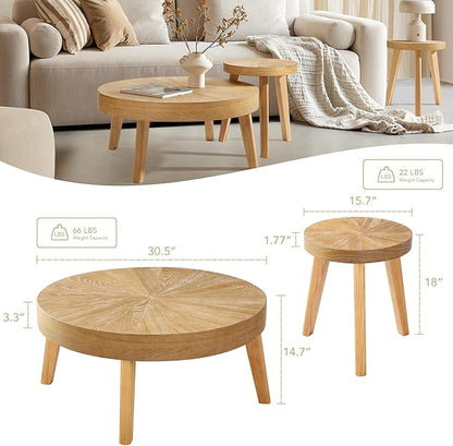Farmhouse Round Coffee Table Set of 3, Boho Sofa Side Nesting Tables End Table Set with Wood Natural Finish for Living Room, Bedroom, Home Office,Natural