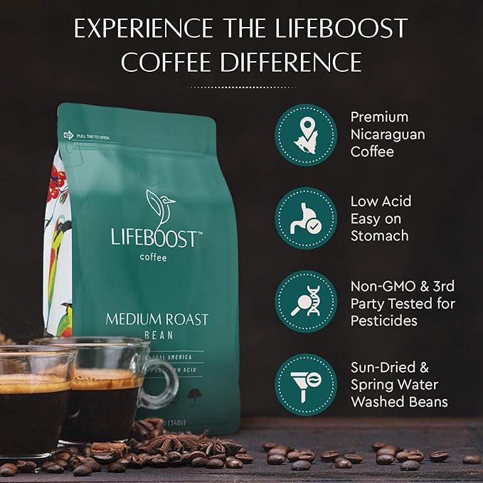 Lifeboost 3 Pack Medium Roast Whole Bean Coffee - Non-GMO Low Acid Single Origin USDA Organic Coffee - Third Party Tested For Mycotoxins & Pesticides - 12 Ounces