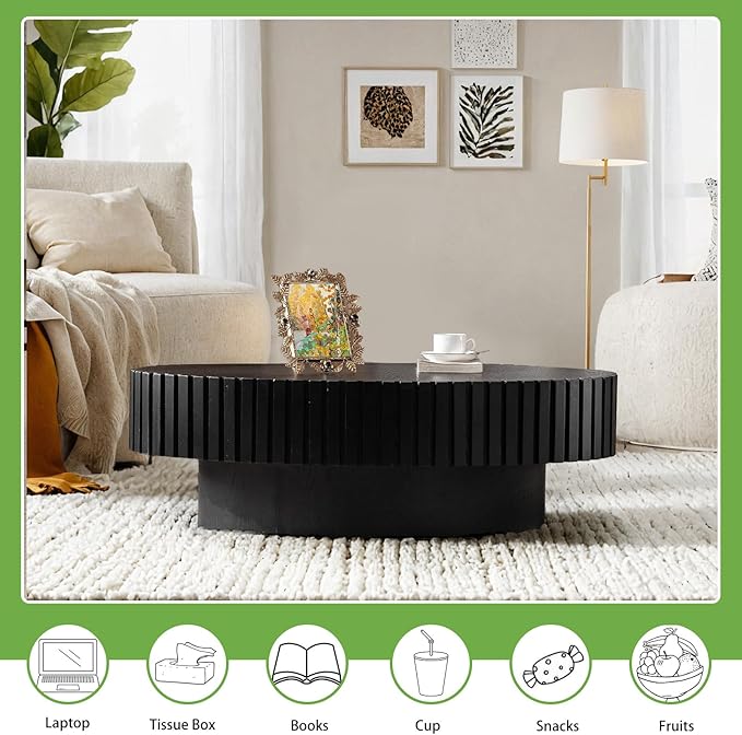 Handmade Oval Grooved Drum-Shaped Coffee Table、Rustic Modern Circular Centerpiece for Living Room & Farmhouse Decor、Easy to Clean (C Black 43in)