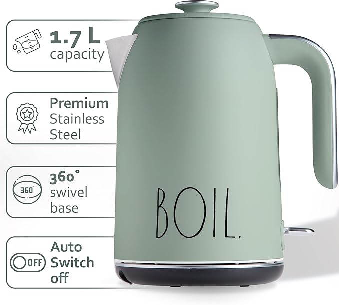 Rae Dunn Electric Hot Water Kettle - Stainless Steel Coffee Maker, Tea Kettle, Swivel Base, With Automatic Shut Off Boil-Dry Protection, Easy Pour Pitcher, 1500 Watt Boiling Power, 1.7 Liters (Sage)