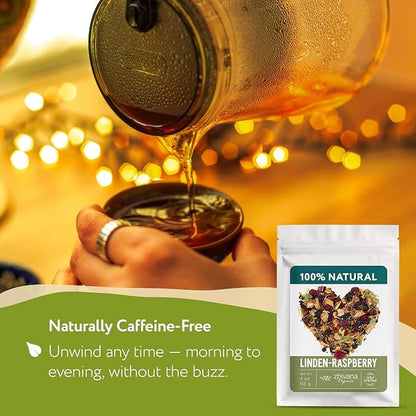 Linden & Raspberry Herbal Tea Loose Leaf – Fruity Tea with Raspberry Leaf & Fruit, Lemon Balm & Elderflower – No Caffeine – Naturally Calming Herbal Teas – 4oz.