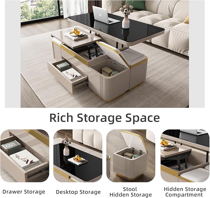 Modern Lift Top Coffee Table with 4 Storage Stools, Extendable Coffee Table with Wheels, 3-in-1 Multifunctional Center Table, Space Saving Folding Dining Table for Living Room, Easy Assembly