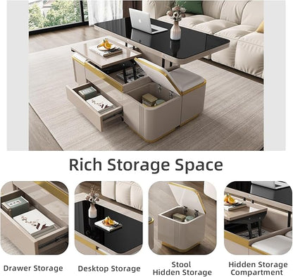 Modern Lift Top Coffee Table with 4 Storage Stools, Extendable Coffee Table with Wheels, 3-in-1 Multifunctional Center Table, Space Saving Folding Dining Table for Living Room, Easy Assembly