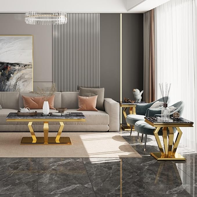 Living Room Table Set - 3 Piece Coffee Table With 2 End Tables, Black and Gold for Home Apartment Office