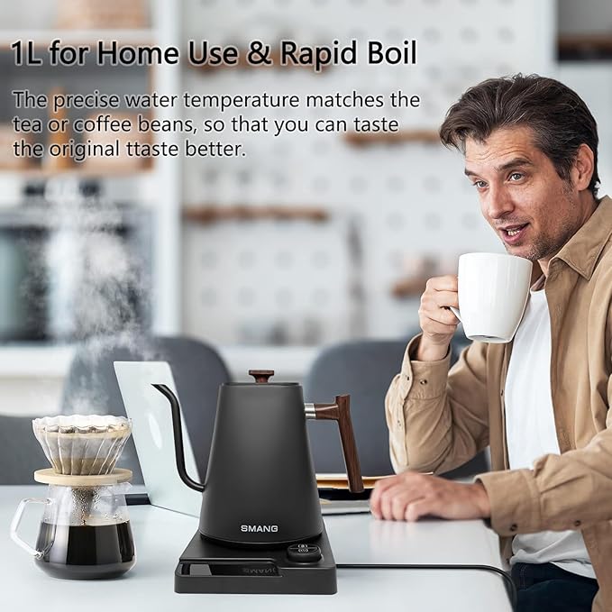 Electric Kettles, Gooseneck Electric Kettle, ±1℉ Temperature Control, for Pour Over Coffee and Tea, 304 Stainless Steel Inner, BPA-Free, Quick Heating Electric Kettles for Boiling Water, 1L Black