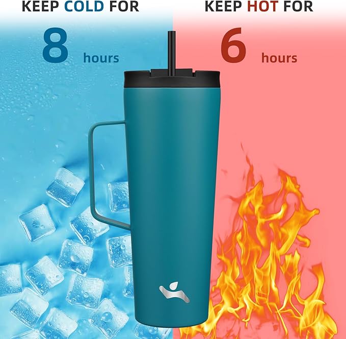 Insulated Tumbler with Handle and Straw, 26 OZ Travel Coffee Mug Stainless Steel Cup Metal Water Bottle,Blue