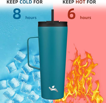 Insulated Tumbler with Handle and Straw, 26 OZ Travel Coffee Mug Stainless Steel Cup Metal Water Bottle,Blue